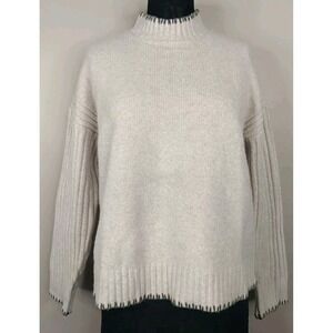 Joie Beige Green Stitch Trim Mock Neck Soft Pullover Casual Sweater Size M